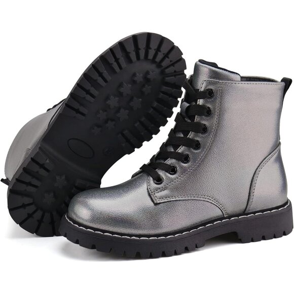 Kids Grey Ankle Boots Boys Girls Side Zipper Lace Up Work Boots Combat Boots - Picture 6 of 7